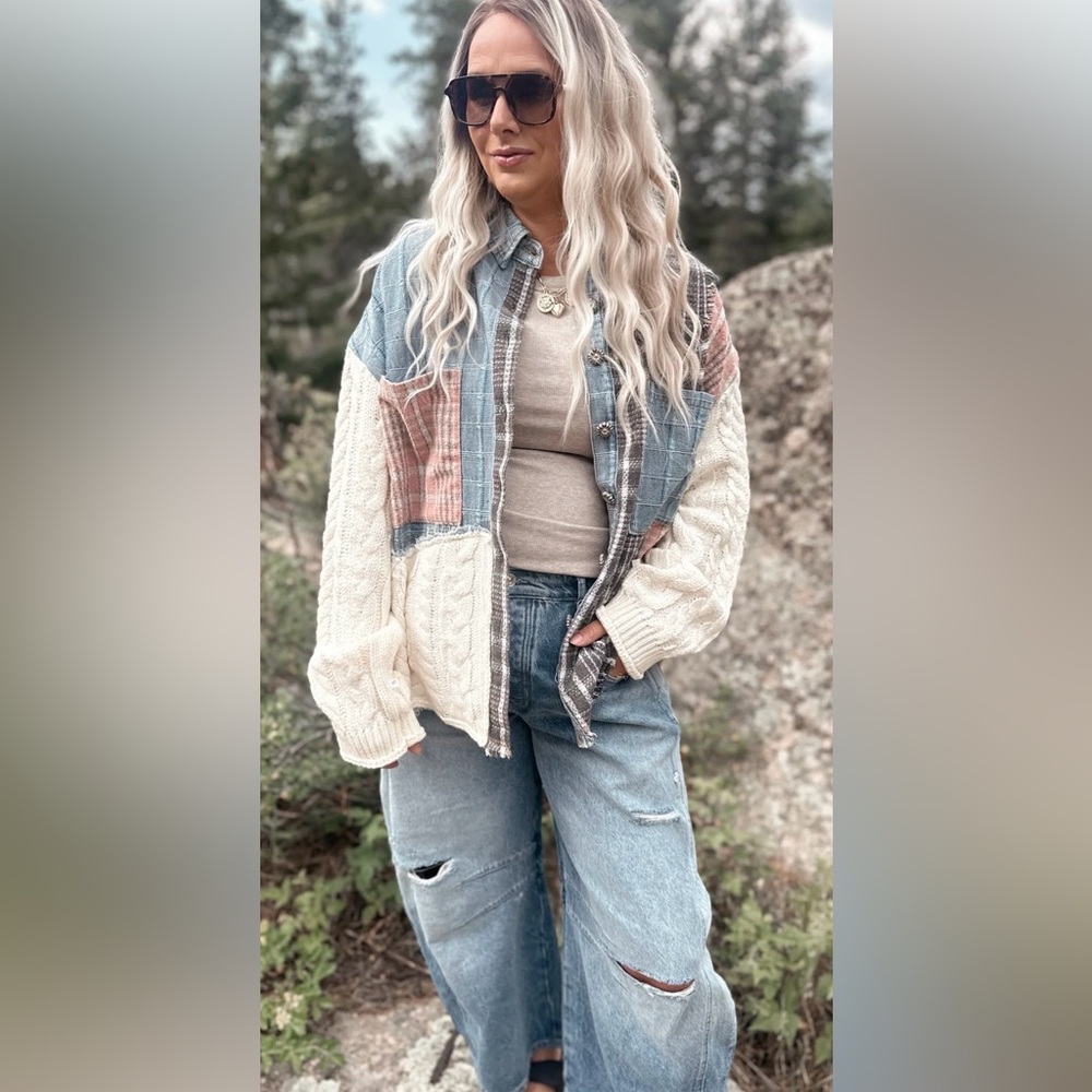 NWT POL Oversized Mixed-Media Patchwork Knit Deni… - image 6